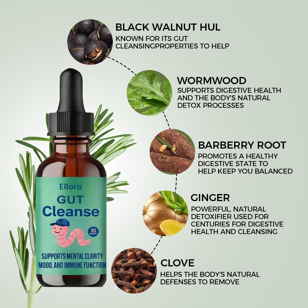 ELLORA Gut Cleanse Drops label highlights plant-based digestive balance.