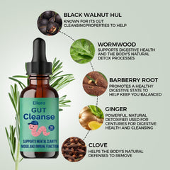 ELLORA Gut Cleanse Drops label highlights plant-based digestive balance.