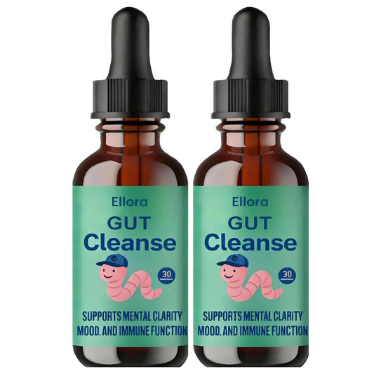 ELLORA Gut Cleanse Liquid Drops bottle shows 11-herb blend for gentle digestion