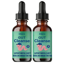 ELLORA Gut Cleanse Liquid Drops bottle shows 11-herb blend for gentle digestion