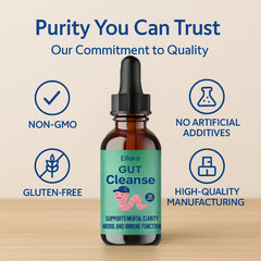 ELLORA Gut Cleanse Liquid Drops poured into tea or juice for easy daily use