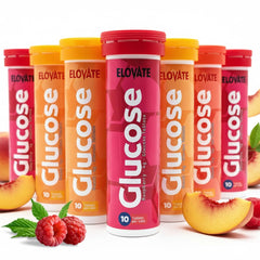 ELOVATE peach-tablet fast-acting glucose for quick energy on the go.