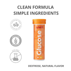 Peach-flavored ELoVATE glucose tablet for a pleasant, fast energy boost.