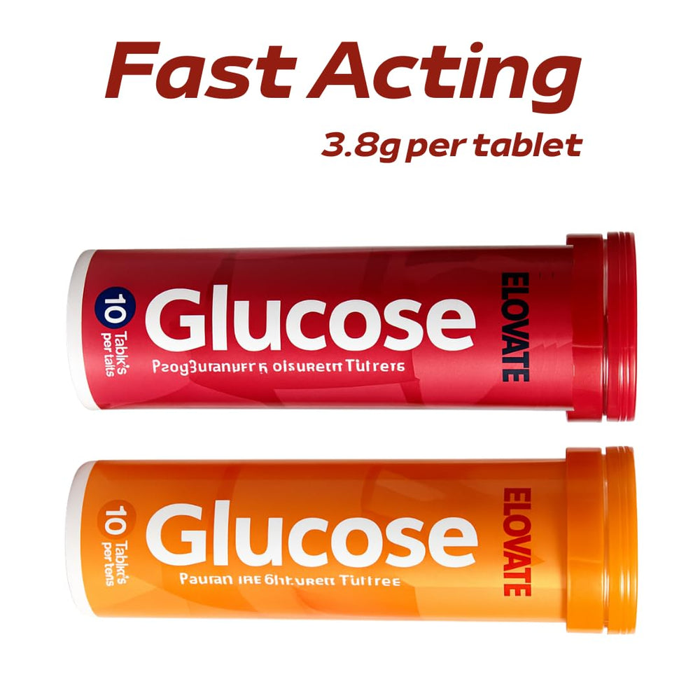 ELOVATE peach glucose tablet close-up shows smooth chew and fast relief.