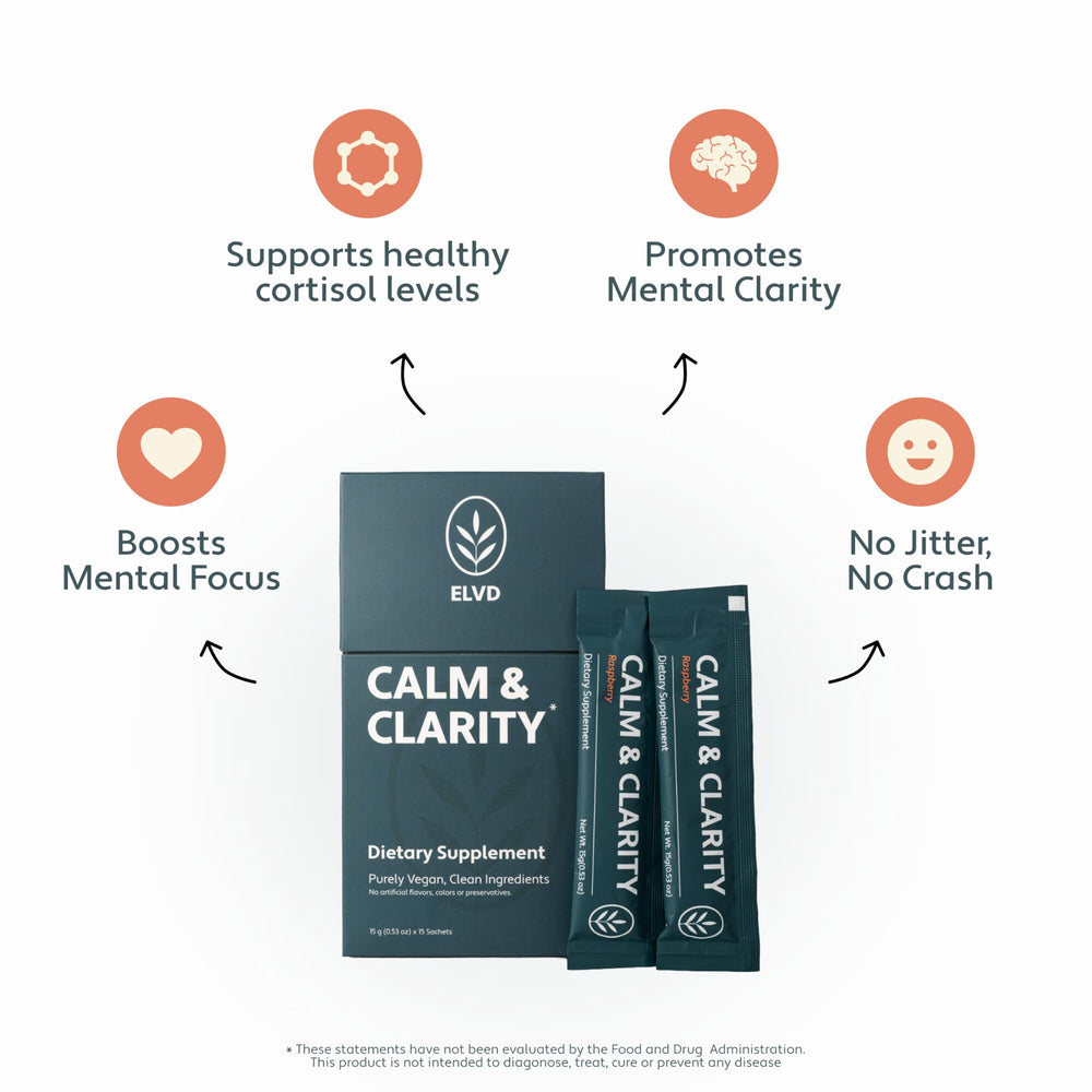 ELVD Calm & Clarity sachets ready for on-the-go calm and focus.