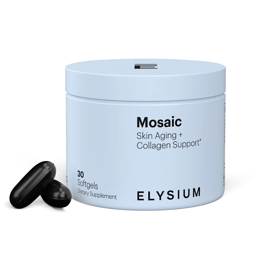 ELY-SIUM Mosaic bottle with vegan softgels for skin hydration and elasticity.