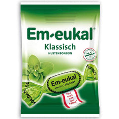 Em-Eukal Classic throat lozenges in individually wrapped packaging with menthol and eucalyptus for throat comfort