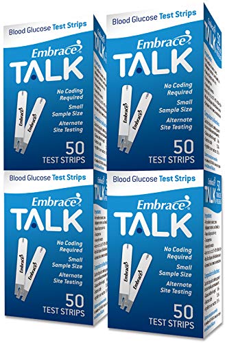 Embrace blood glucose test strips in a 200-count box offering accurate readings with compatible Embrace meters