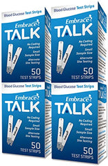 Embrace blood glucose test strips in a 200-count box offering accurate readings with compatible Embrace meters