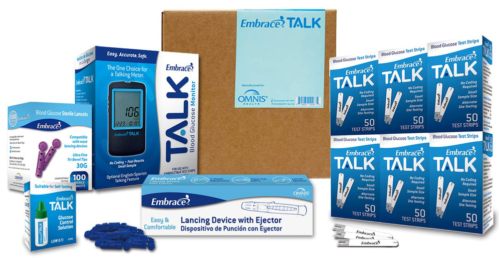 Embrace Talk Blood Glucose Meter with large display for quick reading and easy tracking.