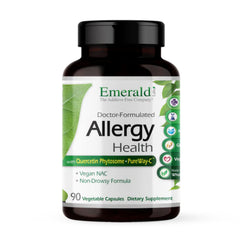 EMERALD LABS Allergy Health bottle closeup suggests non-drowsy allergy support.