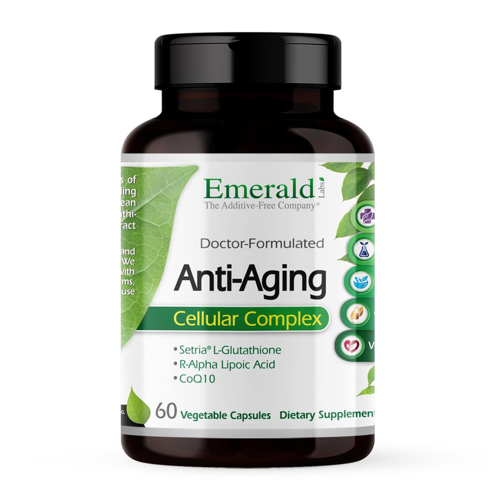 Emerald Labs anti-aging cellular complex bottle front highlighting antioxidant support potential