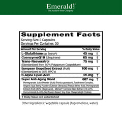 Emerald Labs anti-aging cellular complex capsules closeup showing easy-to-swallow format