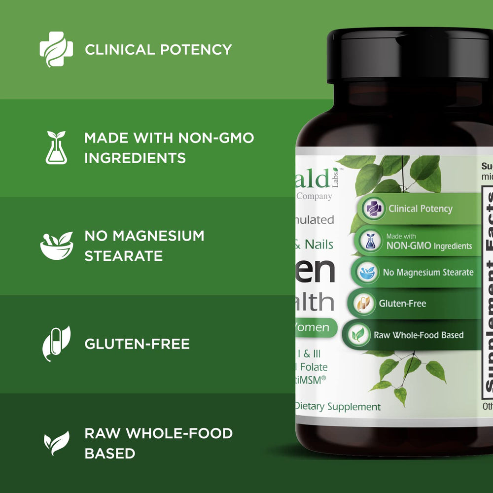 Front view of Emerald Labs Collagen Health bottle highlighting premium ingredients.