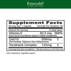 Emerald Labs CoQ10 label highlights natural vitamin E source
