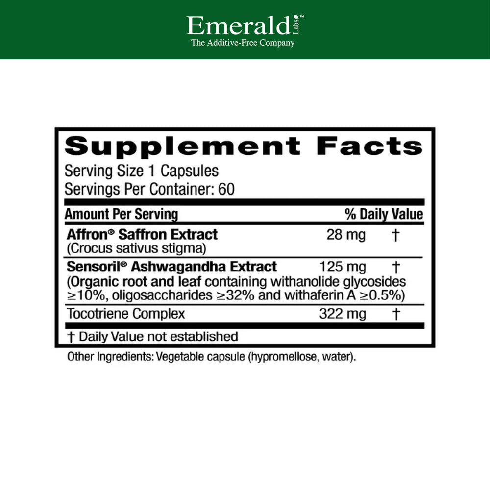 Emerald Labs Elevated Mood capsules highlighting vegan, easy-use mood support.