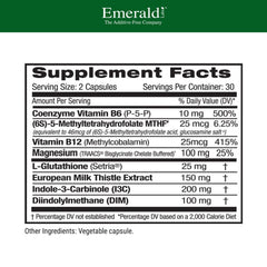 Emerald Labs Estrogen Detox label closeup shows vegan gluten-free formula.
