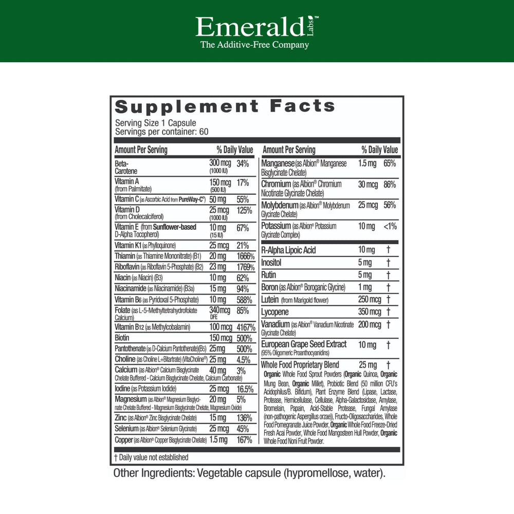 Emerald Labs Men's 1 Daily Multi bottle back displays ingredients and clear usage guidance.