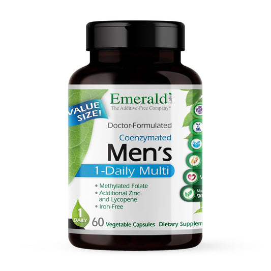 Emerald Labs Men's 1 Daily Multi bottle front shows a complete daily multivitamin for wellness.