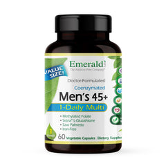 Emerald Labs Men's 45+ 1-Daily Multi bottle cap highlights gluten-free daily immune support