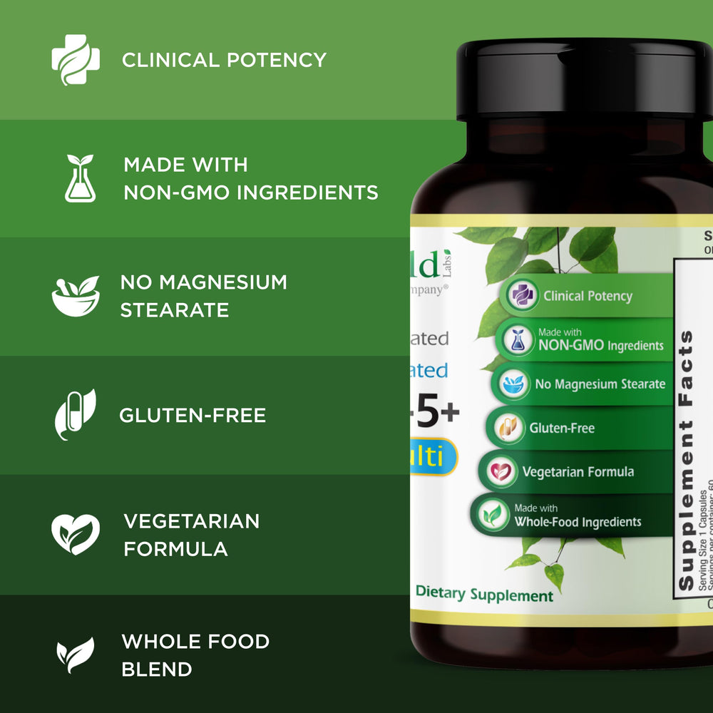 Emerald Labs Men's 45+ 1-Daily Multi bottle shows vitamin D3 for bone health
