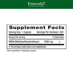 Emerald Labs MSM capsules closeup highlighting 1000mg potency for joints.