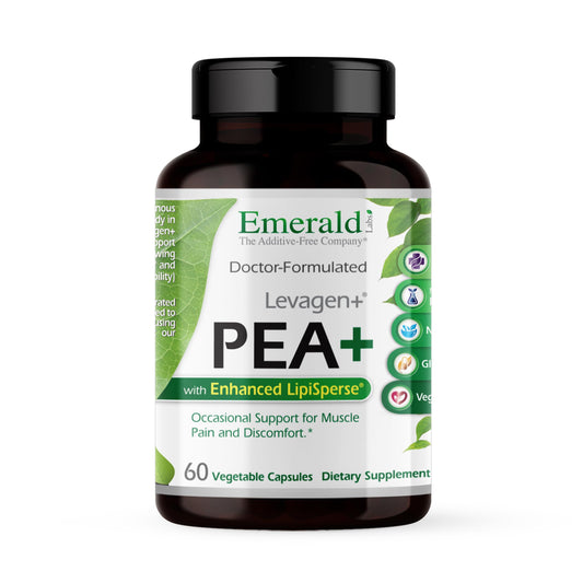 Emerald Labs Pea+ with Levagen+ bottle highlighting joint and muscle support