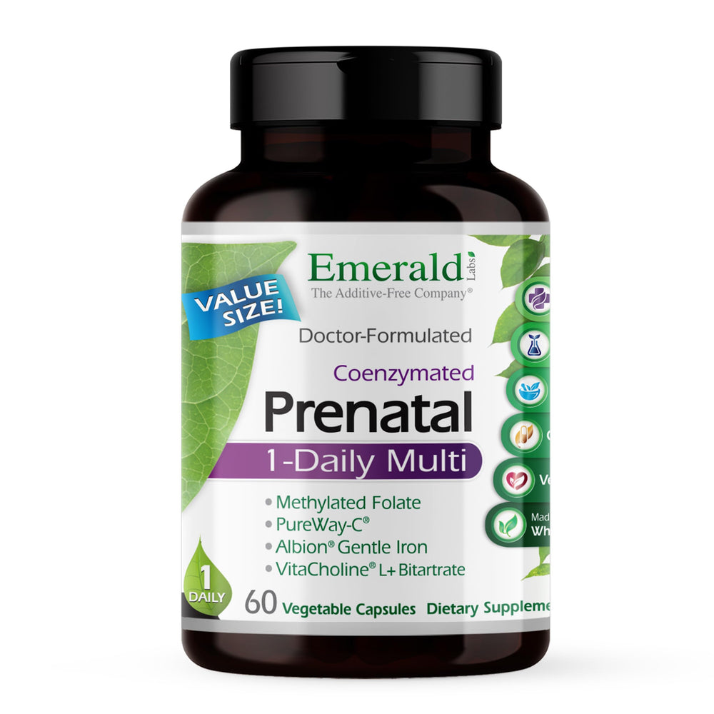 Emerald Labs Prenatal 1-Daily Multi bottle for convenient daily support for mom and baby