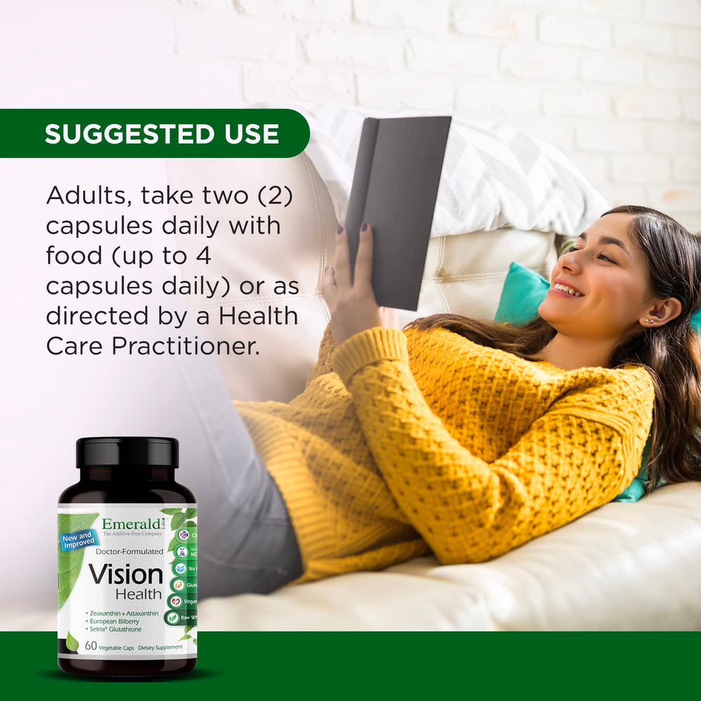 Vegan and gluten-free badge on Emerald Labs Vision Health packaging.