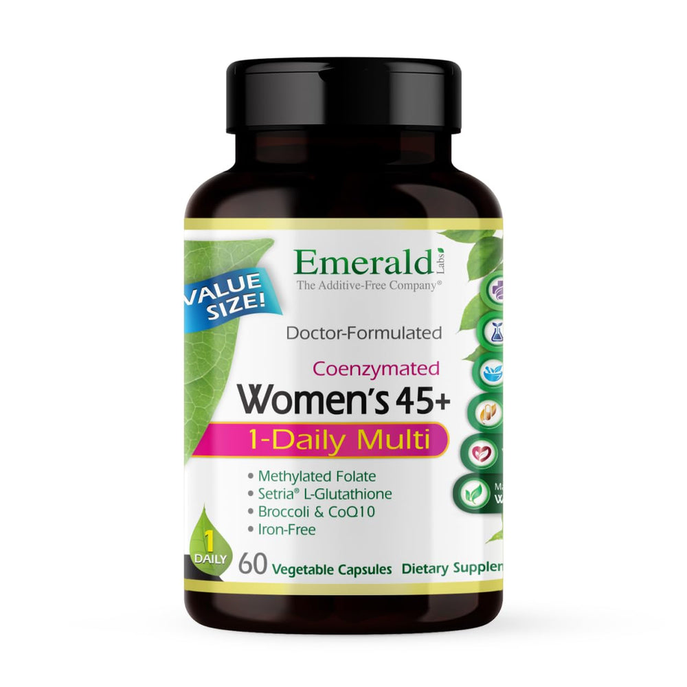 Emerald Labs Women's 45+ 1-Daily Multi bottle front view for daily vitality.