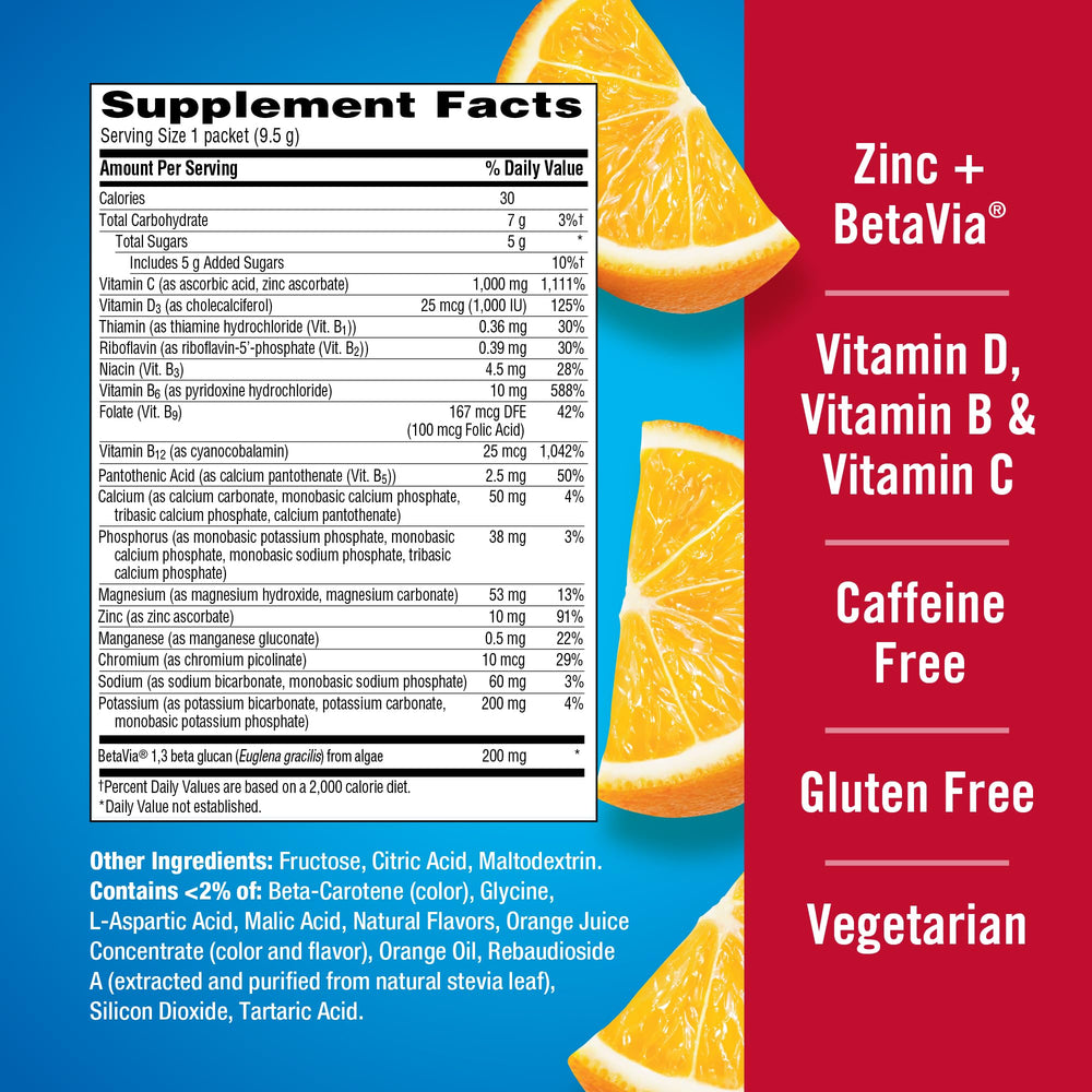 Label shows 1000mg Vitamin C per serving on Emergen-C Immune+