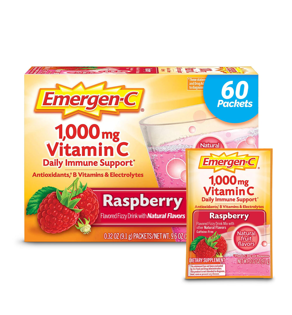 Emergen-C Raspberry packets show a bright, fruity flavor for daily immune support on the go.