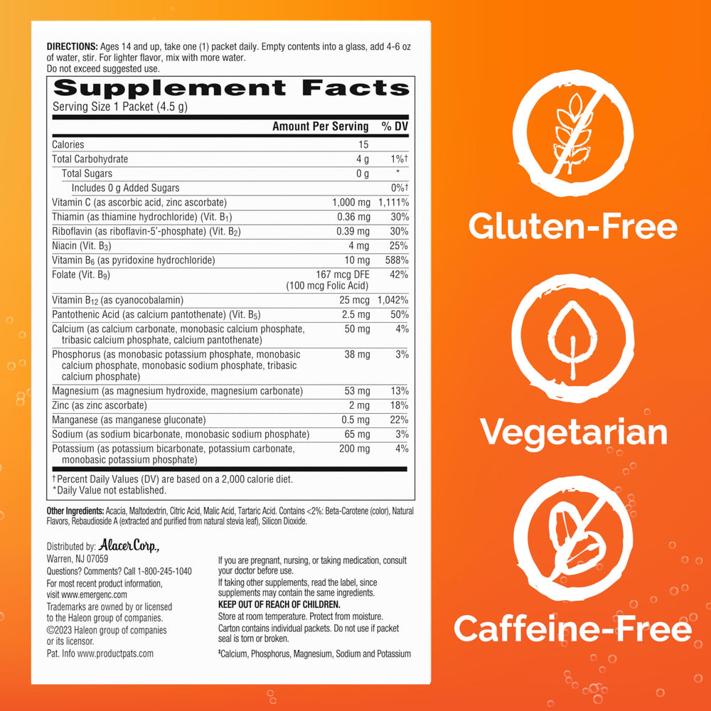 Gluten-free and vegetarian badge on Emergen-C Zero Sugar package.