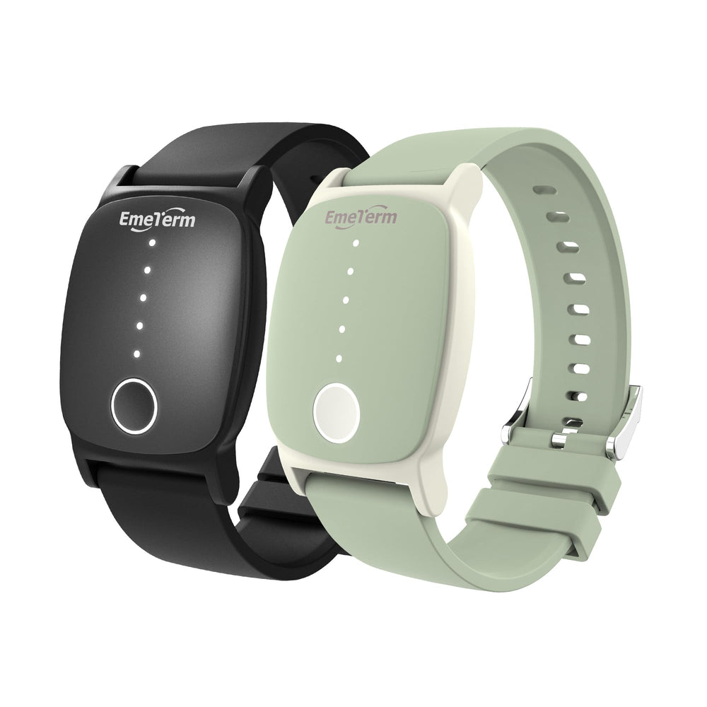 EmeTerm Explore galaxy black mint-green wristband on the wrist for nausea relief.