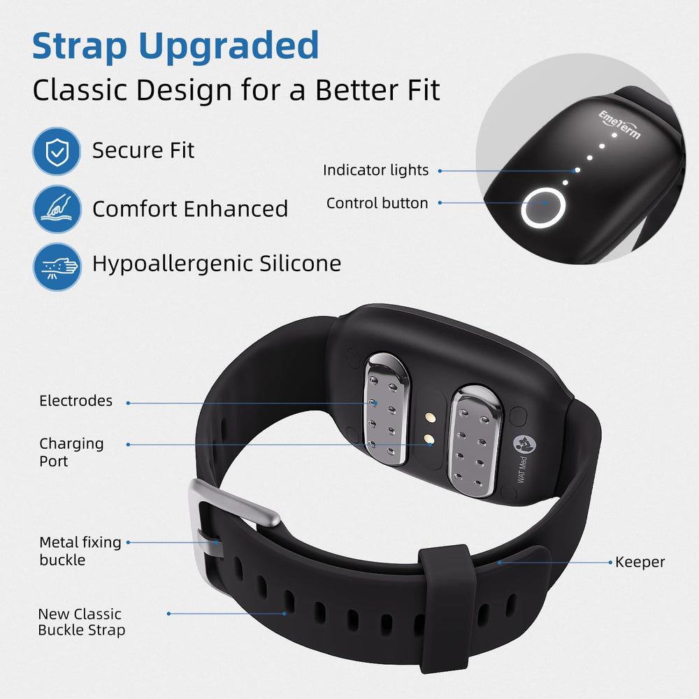 EmeTerm travel-ready wristband on flights and car rides offers on-the-go support.