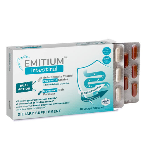 Emitium intestinal probiotic capsules support gut balance and digestion.