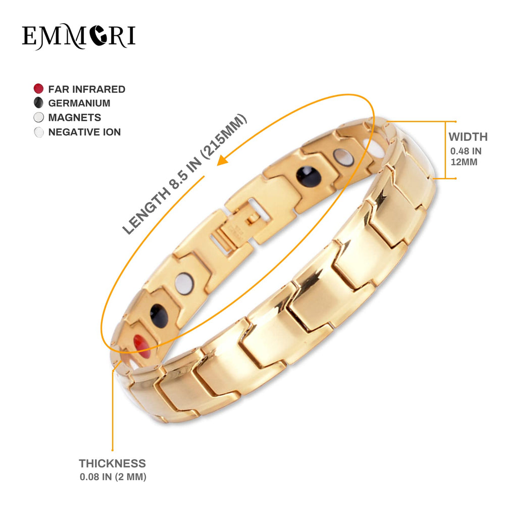 Emmori bracelet side view highlighting durable hypoallergenic stainless steel finish for sensitive skin.