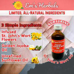Em's Herbals St. John's Wort Oil for hair, focusing on scalp nourishment.
