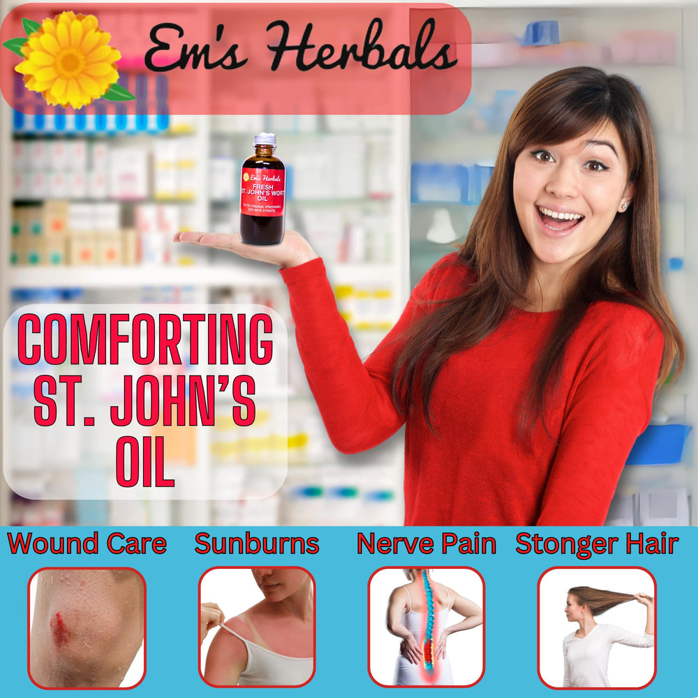 Close-up of Em's Herbals St. John's Wort Oil texture, silky and easy to apply.