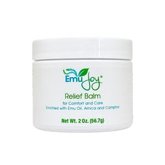 Emu Joy Relief Balm jar shows 20% emu oil for deep skin conditioning.