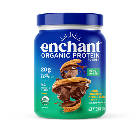Enchant Organic Protein Powder chocolate peanut butter tub; ideal vegan post-workout shake.