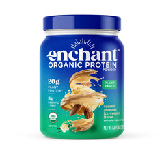 Enchant Organic Protein Powder bottle showcases creamy vanilla almond flavor