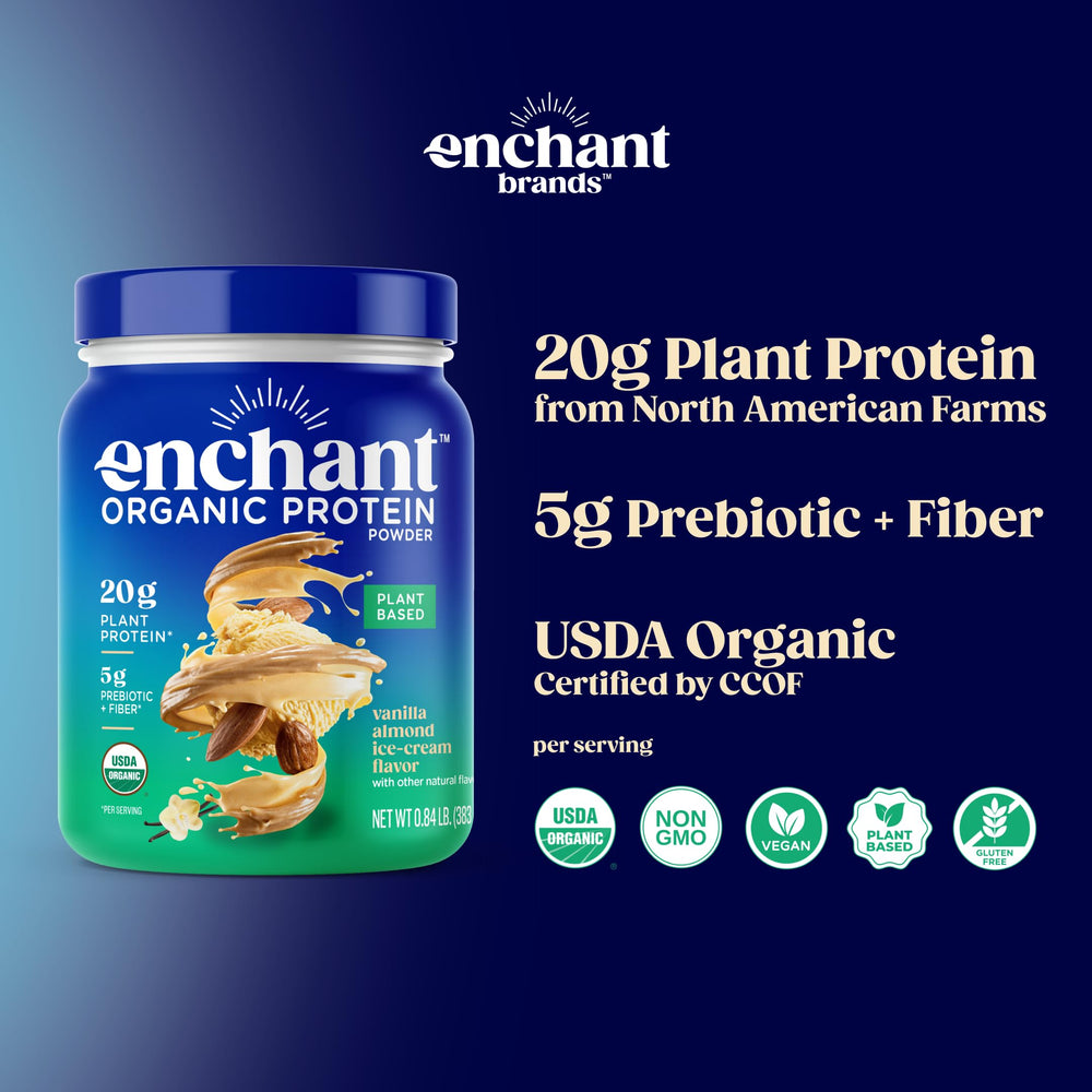 Enchant Organic Protein Powder label shows USDA Organic and Non-GMO status