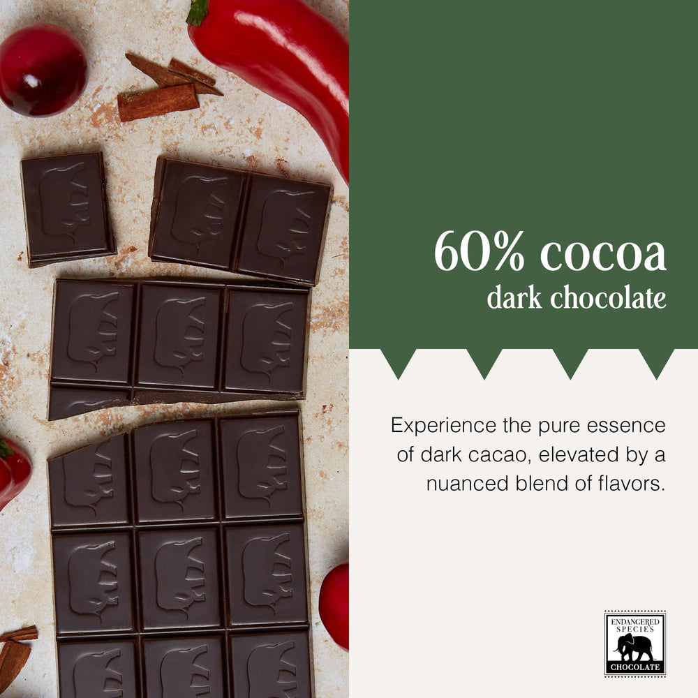 Endangered Species Chocolate bar cinnamon cayenne cherries foil wrap suggests gift-ready packaging