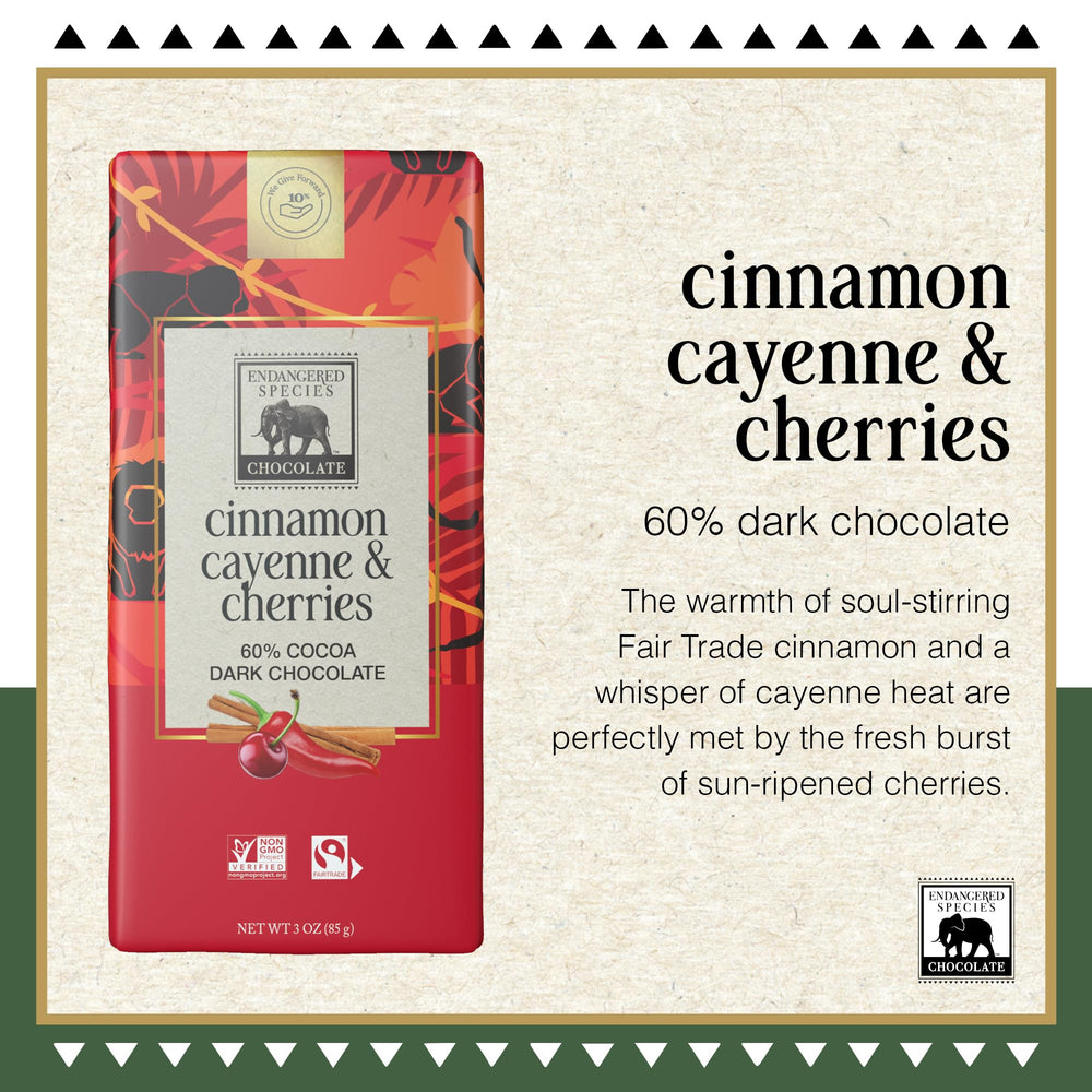 Endangered Species Chocolate bar cinnamon cayenne cherries surface texture highlights glossy finish