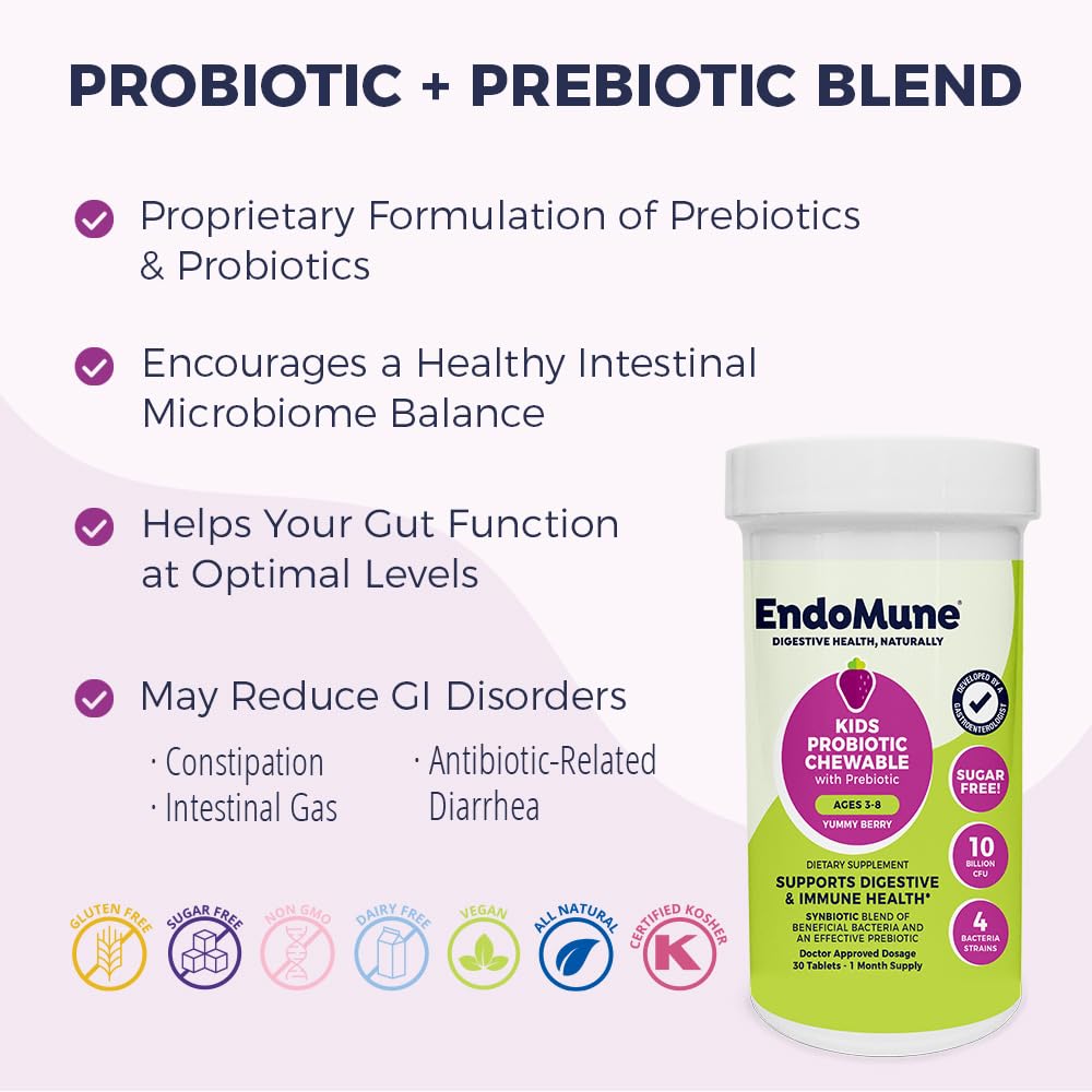 Endomune Jr Advanced pediatrician-approved seal suggests safe use for ages 3–8.