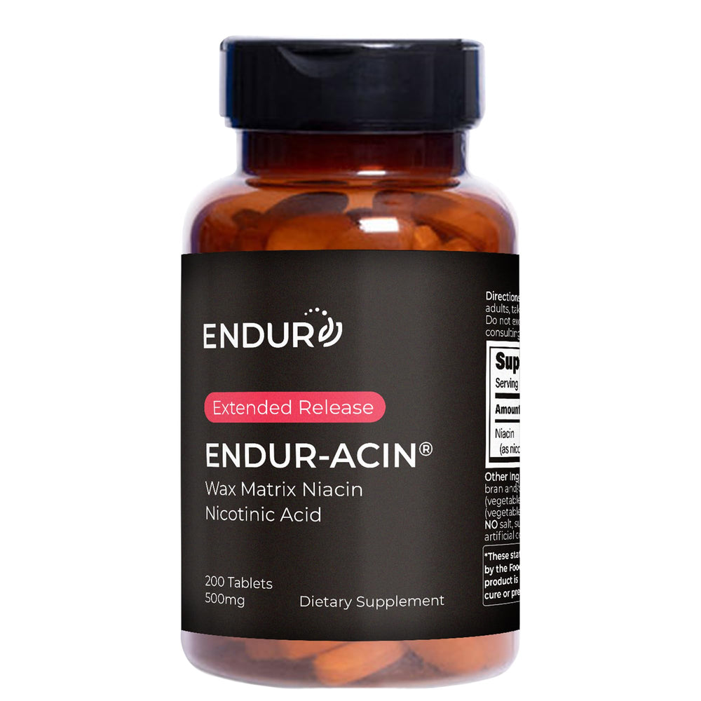 Endur-Acin 500 mg tablet close-up showing a potent niacin option for heart health support.