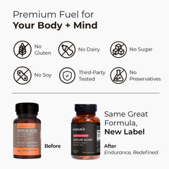 Endur-Acin packaging front emphasizing gluten-free and vegan-friendly formula.