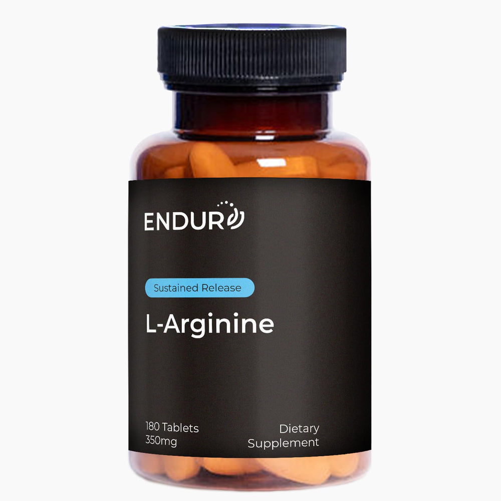 Endurance Products ENDUR L-Arginine bottle with 350 mg dose; supports nitric oxide production.