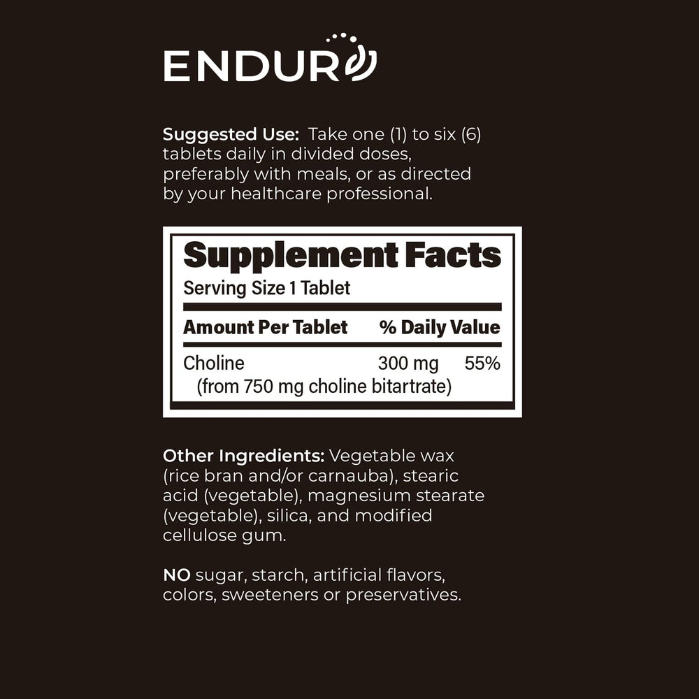 Close-up of dosage chart on Endurance Choline L(+)-Bitartrate SR label.